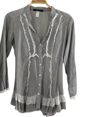 Love Squared Sz S Grey & White Pinstripe Ruffle Lace Trim Button Up Shirt